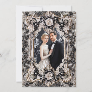 Black Tie Engagement Elegant Black White Photo Invitation
