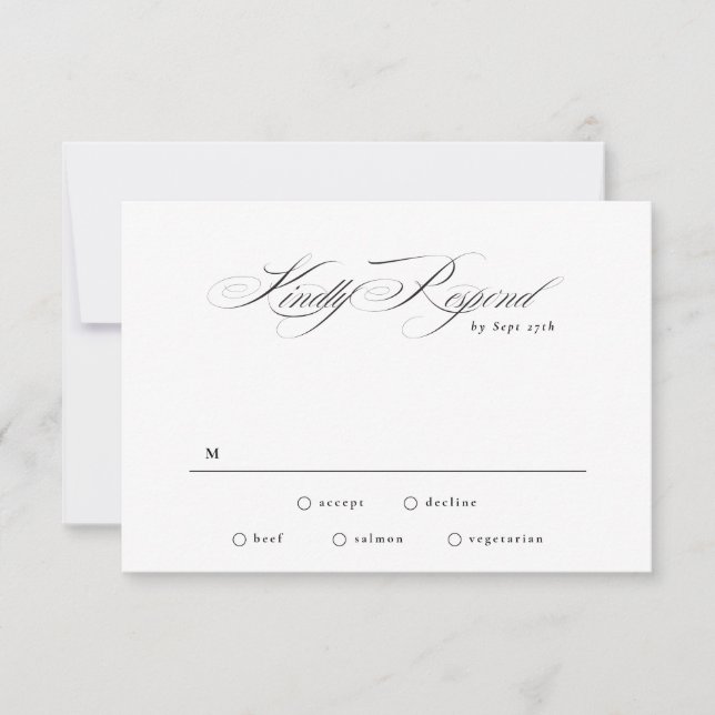 Black Tie Formal Elegant Calligraphy Wedding RSVP Card (Front)