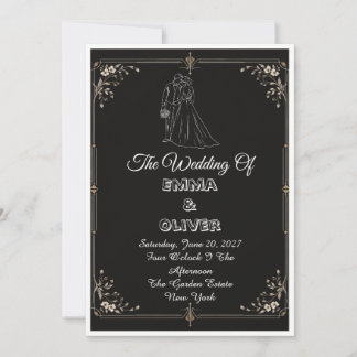 Black Tie Romance Elegant Black Ivory Gold Wedding Invitation