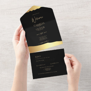 Black Tie Wedding Gold Foil Script Elegant Event  All In One Invitation