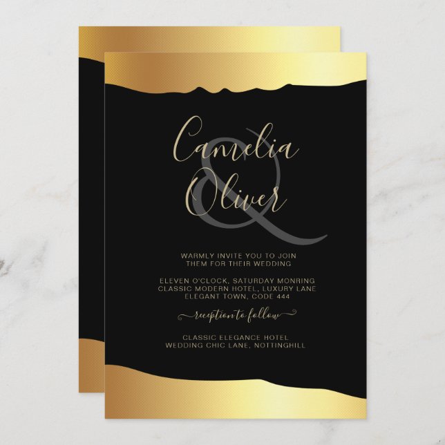 Black Tie Wedding Gold Foil Script Elegant Event  Invitation (Front/Back)