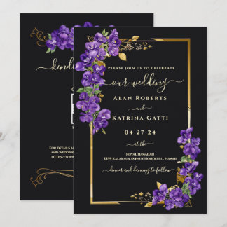 Black Tie Wedding RSVP QR Code Violets Gold Frame Invitation