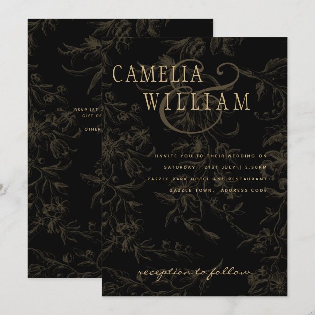 Black Tie Wedding Theme Vintage Gold Damask Invitation (Front/Back)
