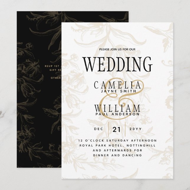 Black Tie Wedding Theme Vintage Gold Damask Invitation (Front/Back)