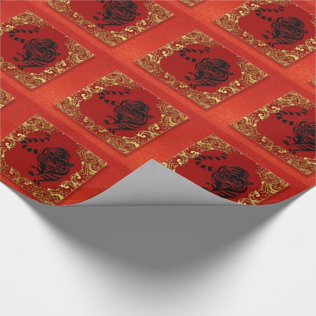 Black Tiger Chinese Zodiac Animal Red and Gold Wrapping Paper (Corner)