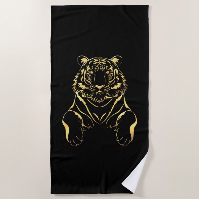 Black tiger with gold stripes beach towel (Front)