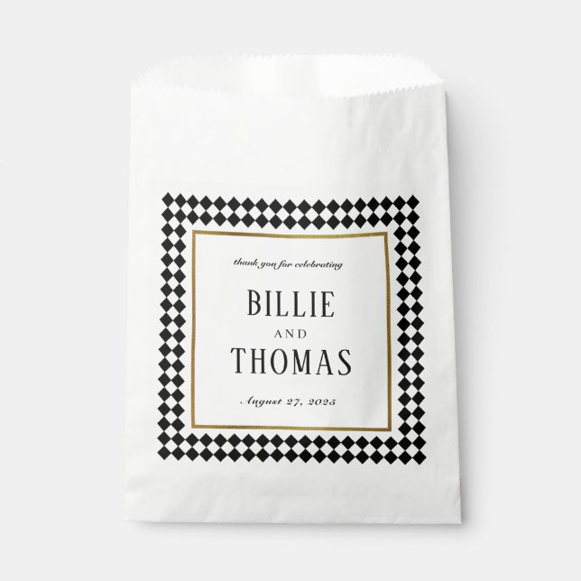 Black Timeless Chequerboard Custom Names Wedding  Favour Bags (Front)
