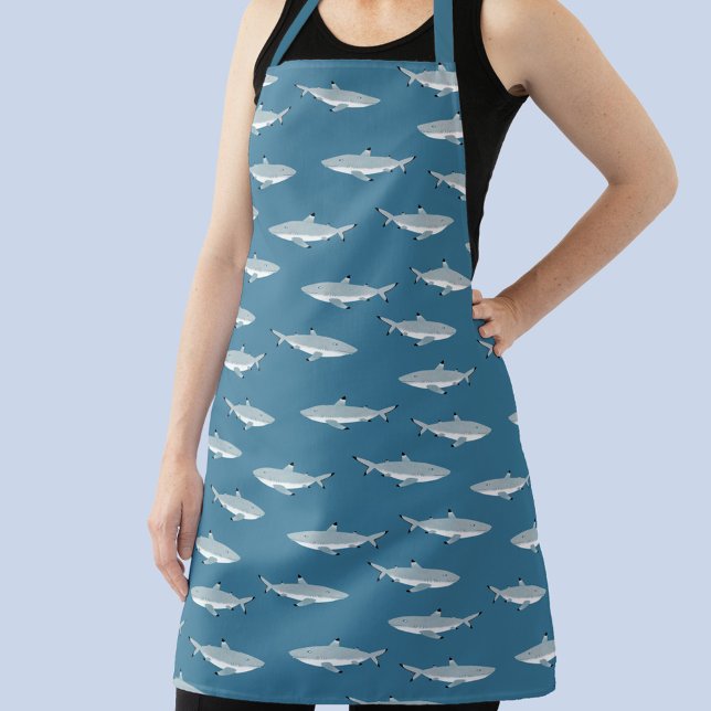 Black Tipped Reef Shark Apron (Fun Black Tipped Reef Shark pattern teal green apron)