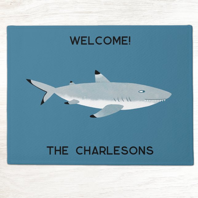 Black Tipped Reef Shark Fun Personalised Doormat (Fun Black Tipped Reef Shark personalized coastal humor doormat for you boat or beach house)