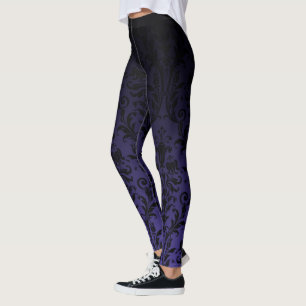 Black To Purple Ombre Gradient Fade Floral Damask Leggings