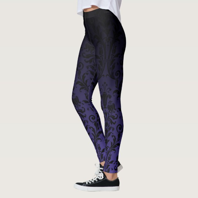 Black To Purple Ombre Gradient Fade Floral Damask Leggings (Left)
