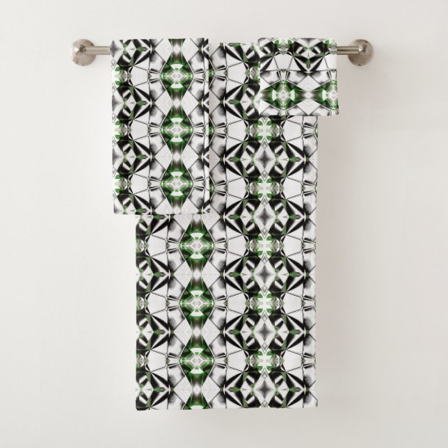 Black to white with green, repeating virtual lines bath towel set (Insitu)