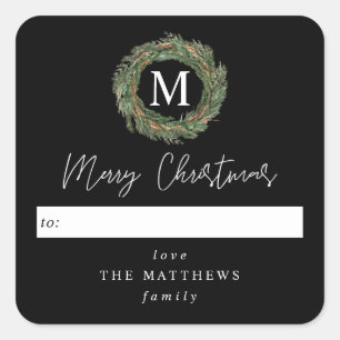 Black To Wreath Monogram Merry Christmas Square Sticker