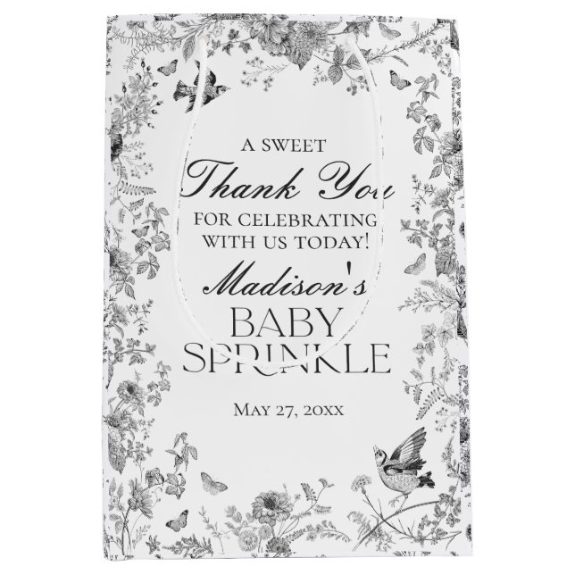 Black Toile De Jouy Baby Sprinkle Favours Medium Gift Bag (Front)