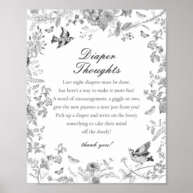 Black Toile De Jouy Diaper Thoughts Baby Shower Poster (Front)
