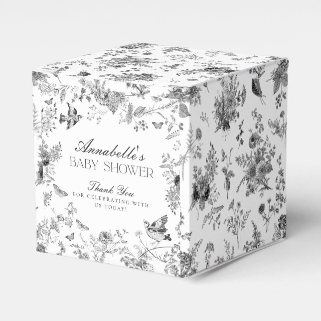 Black Toile De Jouy Floral Baby Shower Favour Boxe Box (Front Side)