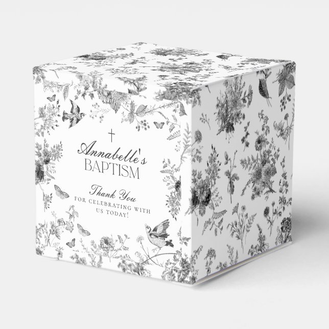 Black Toile De Jouy Floral Baptism Favour Boxes (Back Side)
