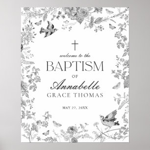 Black Toile De Jouy Floral Baptism Welcome Sign