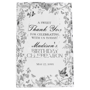 Black Toile De Jouy Floral Birthday Party Favors Medium Gift Bag