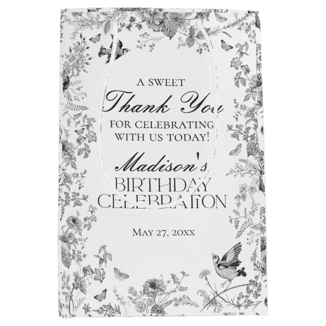 Black Toile De Jouy Floral Birthday Party Favours Medium Gift Bag (Front)