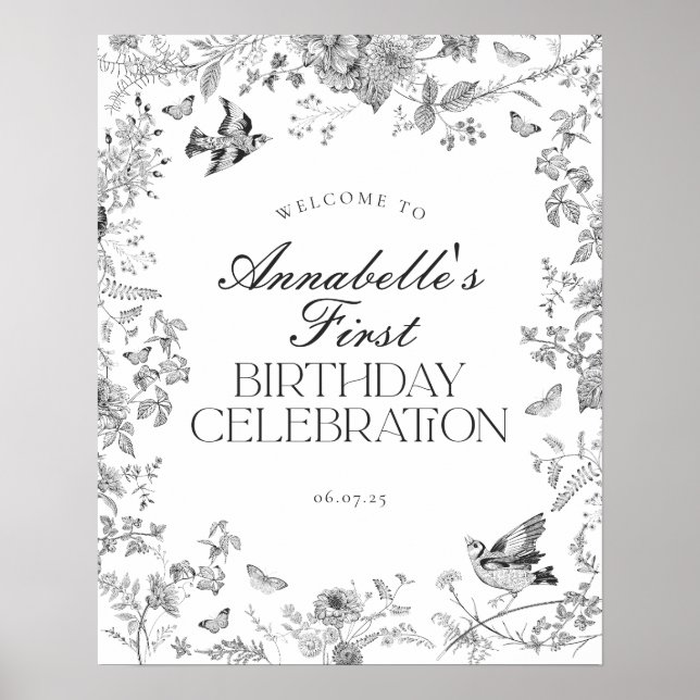 Black Toile de Jouy Floral Birthday Welcome Sign (Front)
