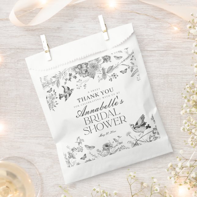 Black Toile De Jouy Floral Bridal Shower Dessert Favour Bags (Clipped)
