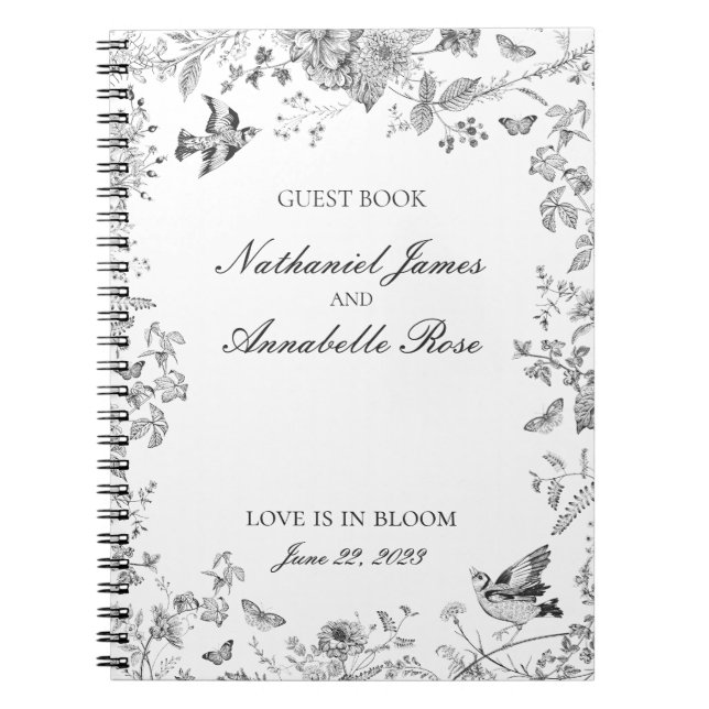 Black Toile De Jouy Floral Wedding Guest Book (Front)