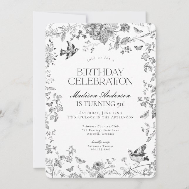 Black Toile De Jouy French Floral Birthday Party Invitation (Front)