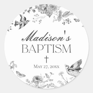 Black Toile De Jouy Vintage Floral Baptism Favor Classic Round Sticker