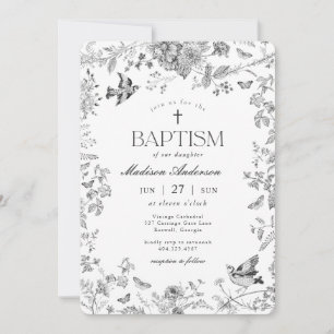 Black Toile De Jouy Vintage Floral Baptism Invitation