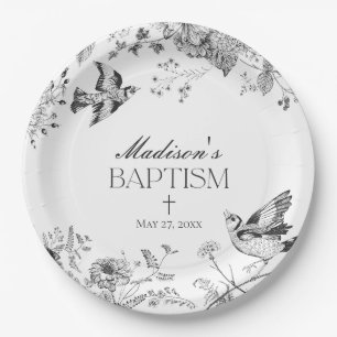 Black Toile De Jouy Vintage Floral Baptism Paper Plate