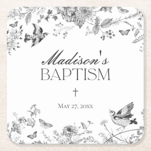 Black Toile De Jouy Vintage Floral Baptism Square Paper Coaster