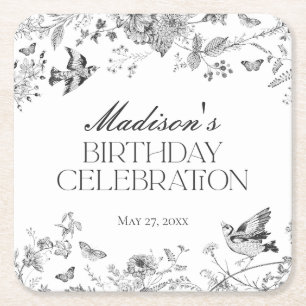 Black Toile De Jouy Vintage Floral Birthday Square Paper Coaster