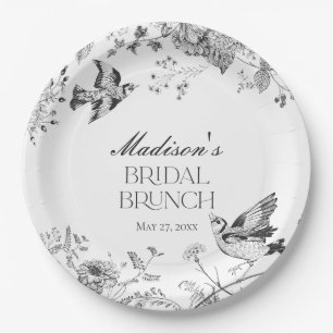 Black Toile De Jouy Vintage Floral Bridal Brunch Paper Plate