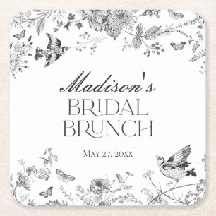 Black Toile De Jouy Vintage Floral Bridal Brunch Square Paper Coaster
