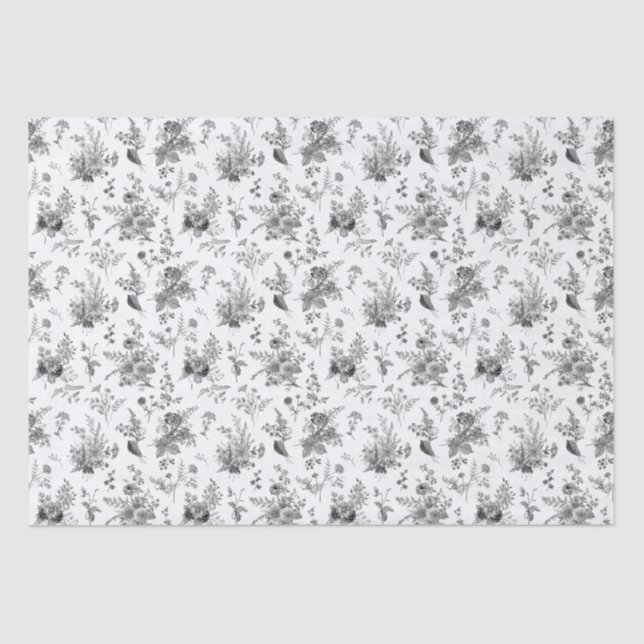 Black Toile De Jouy Vintage Floral Chinoiserie Tissue Paper (Front)