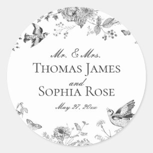 Black Toile De Jouy Vintage Floral Wedding Favour Classic Round Sticker