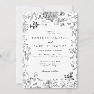 Black Toile De Jouy Vintage French Floral Wedding Invitation
