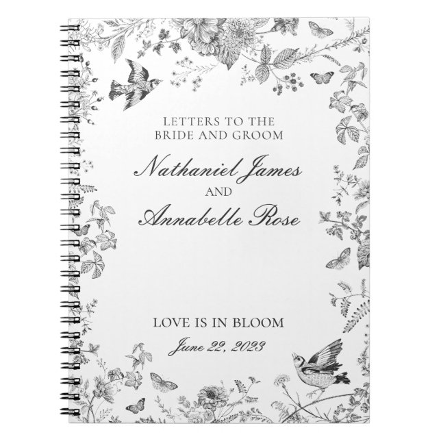 Black Toile De Jouy Wedding Letters Bride & Groom Notebook (Front)