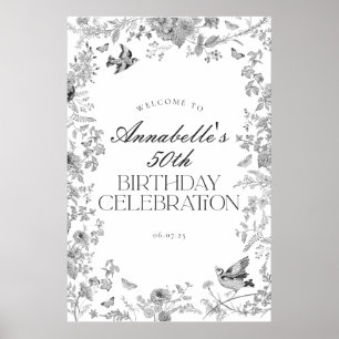 Black Toile Floral Birthday Party Welcome Sign