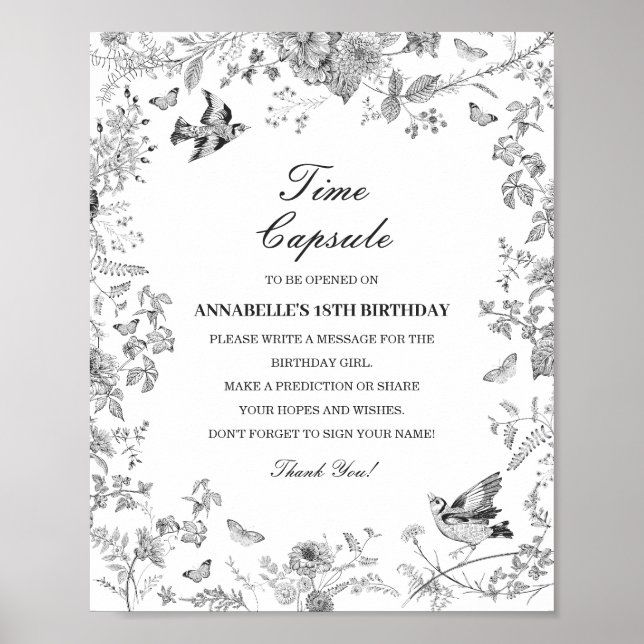 Black Toile Floral Time Capsule Baby Birthday Game Poster (Front)