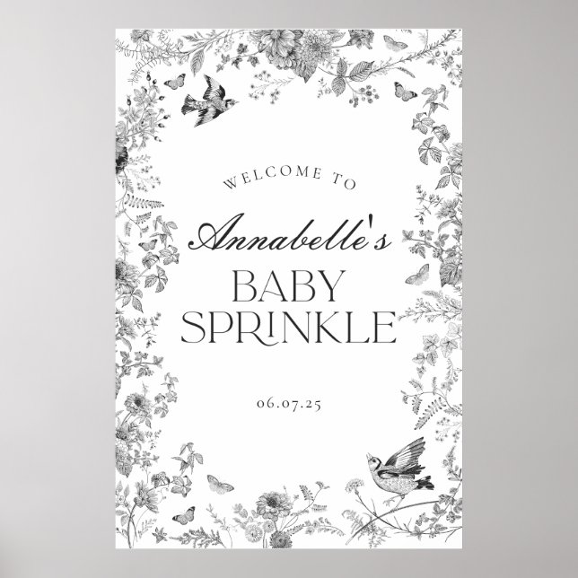 Black Toile Jouy Floral Baby Sprinkle Welcome Sign (Front)