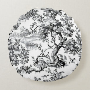 Black Toile Print Round Cushion