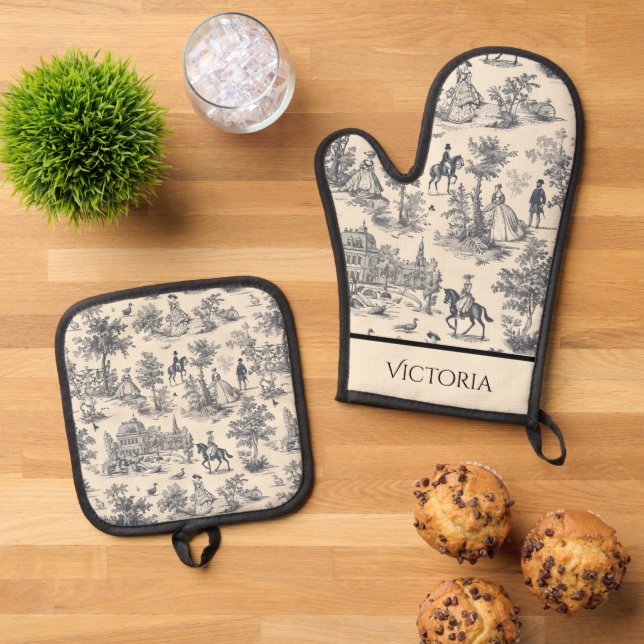 Black Toile Shabby Chic Personalised Oven Mitt & Pot Holder Set (Top Down)