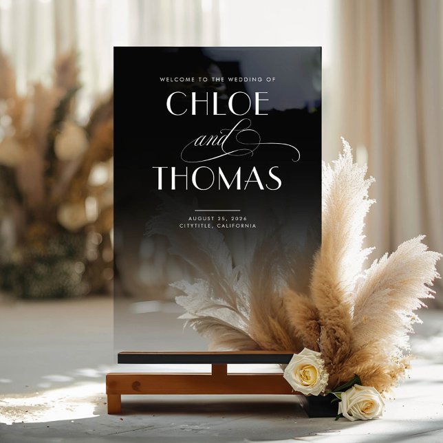 Black Top Transparent Bottom Chic Wedding Welcome Acrylic Sign (Smokey Black Modern Wedding Welcome Sign)