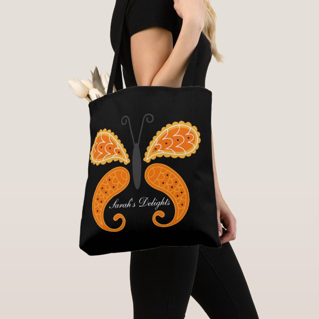 Black tote  bag with butterfly. (Close Up)