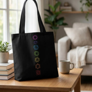 Black Tote Bag with Colorful Seven Chakra Symbols