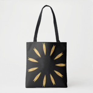 Black tote bag with orange kaleidoscope pattern