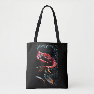 "Black Tote Bag with Red Rose Design"
