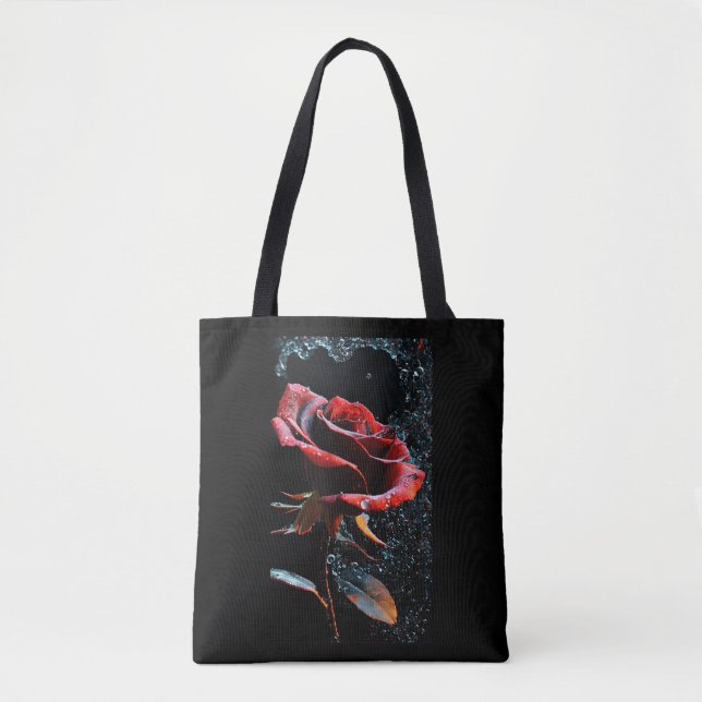 "Black Tote Bag with Red Rose Design" (Front)